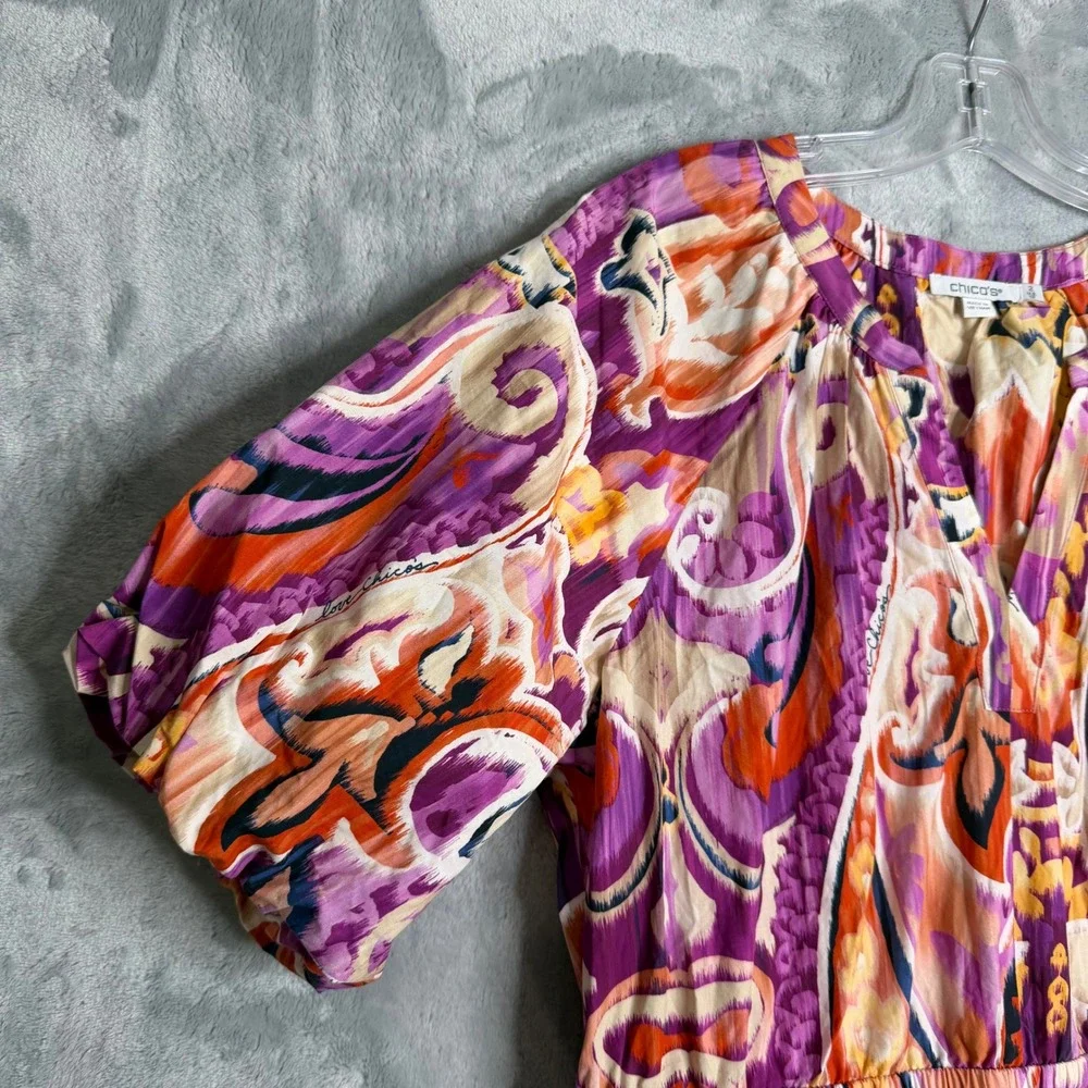 Chicos 40th Anniversary Paisley Tiered Dress Womens 12 Multi Color Puff Sleeve‎